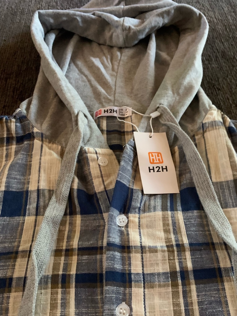 H2H Plaid Button-Up Hoodie in Blue and Cream